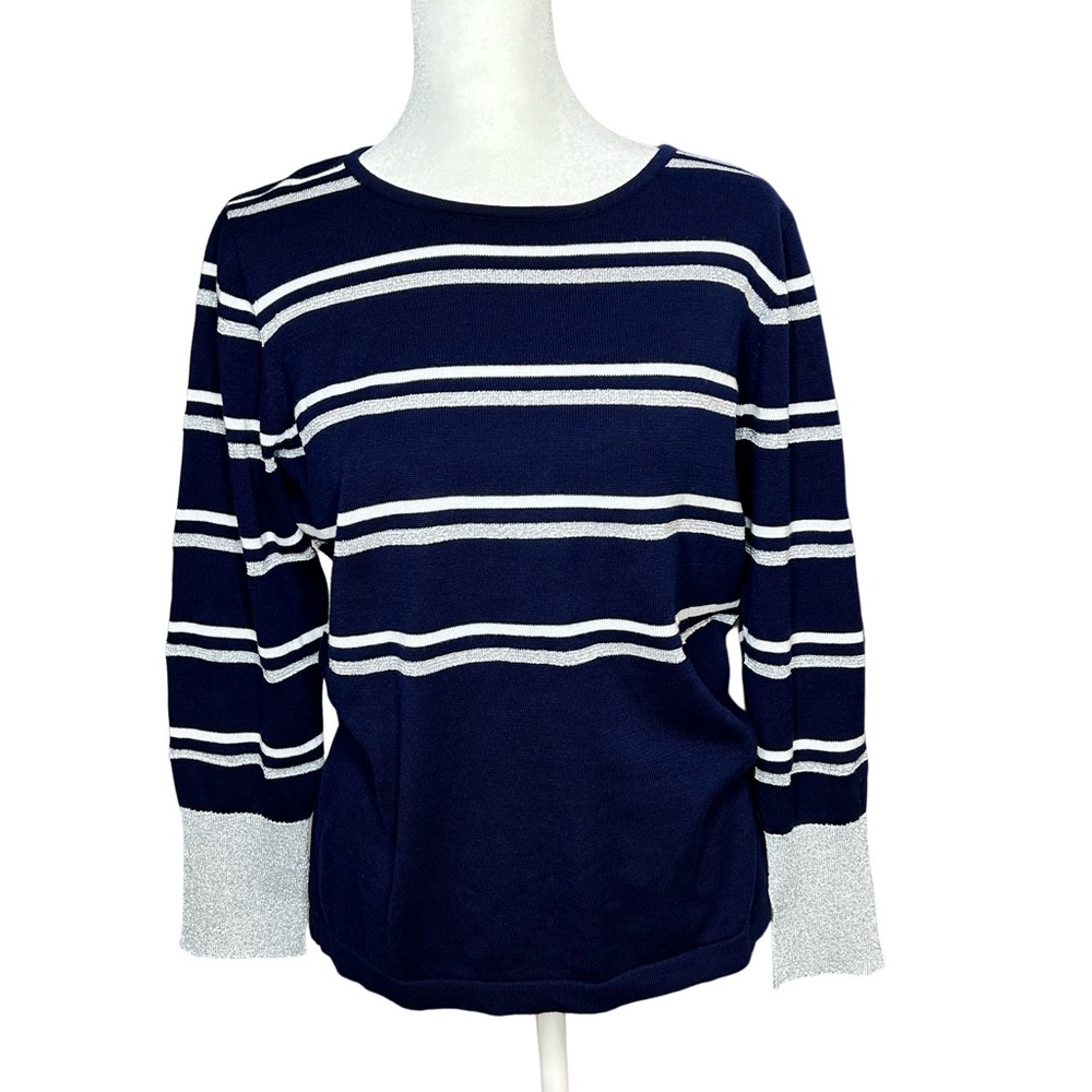 Joan Vass Sweater Pull-Over MEDIUM Women’s Navy Blue White & Metallic Silver